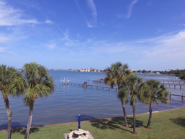 property view of water with a dock