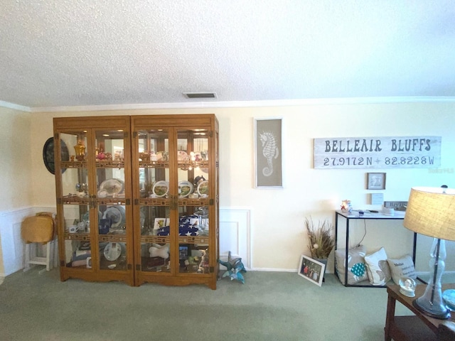 interior space with carpet flooring, a textured ceiling, and ornamental molding