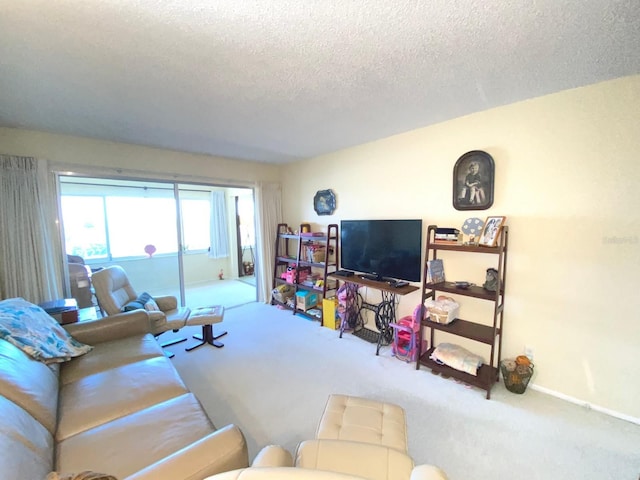 carpeted living room with a textured ceiling