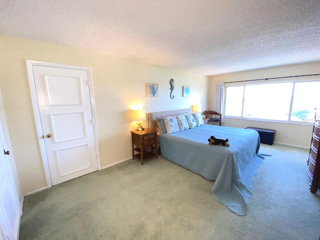 bedroom with carpet floors and a textured ceiling