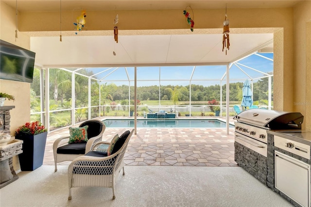 19300 Lonesome Pine Dr, Land O Lakes, FL 34638 - outdoor pool with a lanai, a grill, area for grilling, and a patio