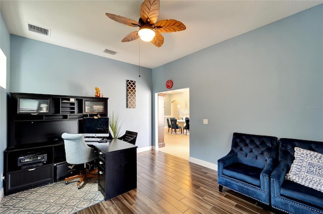 19300 Lonesome Pine Dr, Land O Lakes, FL 34638 - office area featuring a ceiling fan, baseboards, visible vents, and wood finished floors