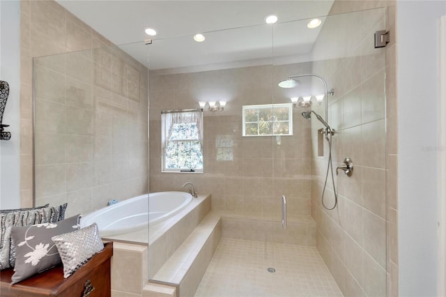 19300 Lonesome Pine Dr, Land O Lakes, FL 34638 - full bath with tile walls, a tile shower, a bath, and recessed lighting