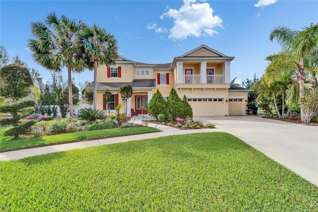 view of front of home featuring a balcony, an attached garage, a front yard, and stucco siding