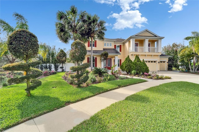 view of front of home with a garage, a front yard, driveway, and a balcony