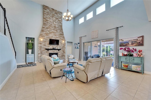 19300 Lonesome Pine Dr, Land O Lakes, FL 34638 - living room with a healthy amount of sunlight, a fireplace, baseboards, and light tile patterned floors