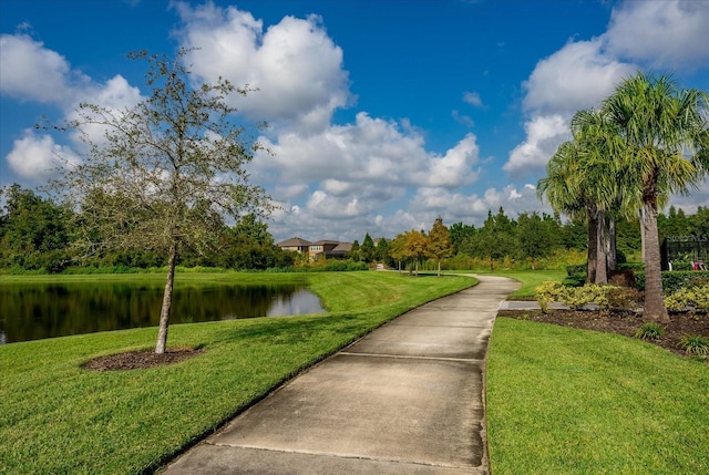 view of community with a water view and a lawn