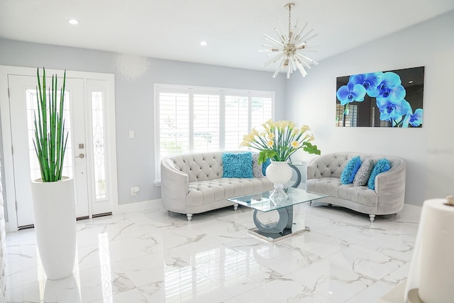 living room featuring light tile patterned flooring and an inviting chandelier