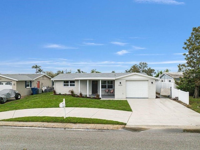 ranch-style home featuring a garage and a front lawn