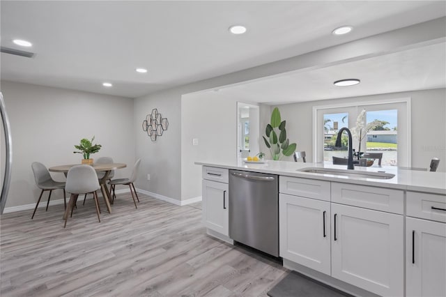 kitchen with sink, stainless steel dishwasher, white cabinets, and light hardwood / wood-style floors