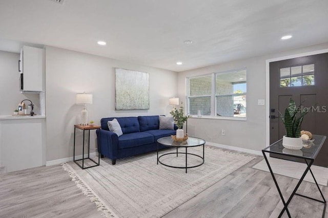 living room with sink and light hardwood / wood-style flooring