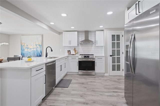 kitchen featuring wall chimney range hood, stainless steel appliances, sink, and kitchen peninsula