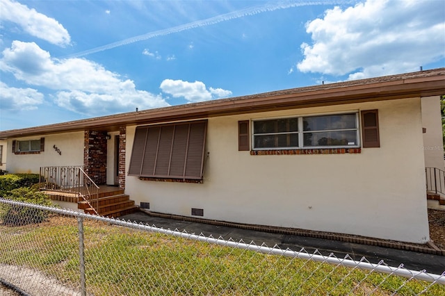 single story home with crawl space, fence, and stucco siding