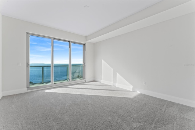 carpeted empty room with a water view