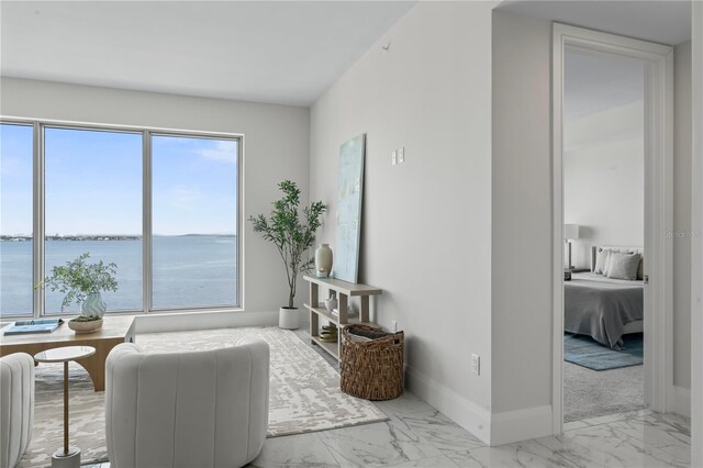 2910 W Barcelona St Unit 903, Tampa, FL 33629 - living room featuring plenty of natural light, a water view, marble finish floor, and baseboards