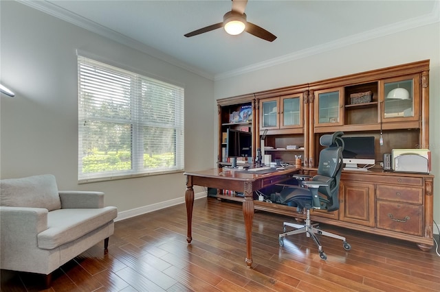 home office with ceiling fan, wood-type flooring, and ornamental molding