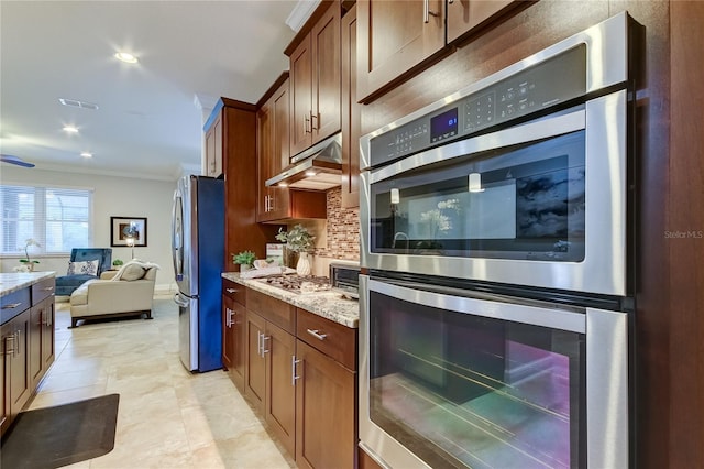 kitchen with ventilation hood, crown molding, decorative backsplash, light stone counters, and stainless steel appliances