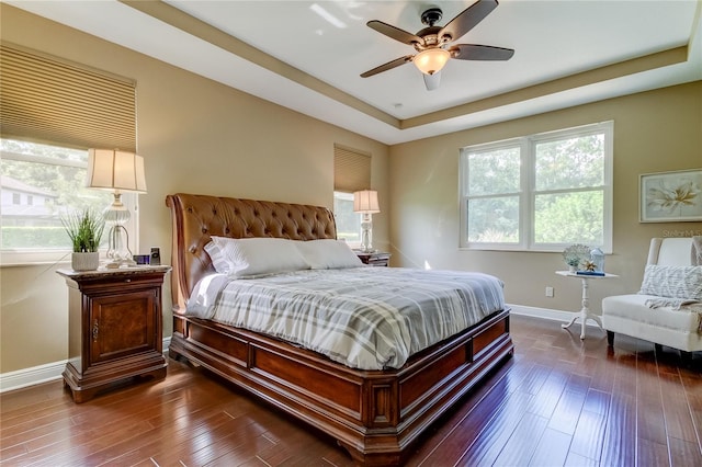 bedroom featuring a tray ceiling, ceiling fan, and dark wood-type flooring