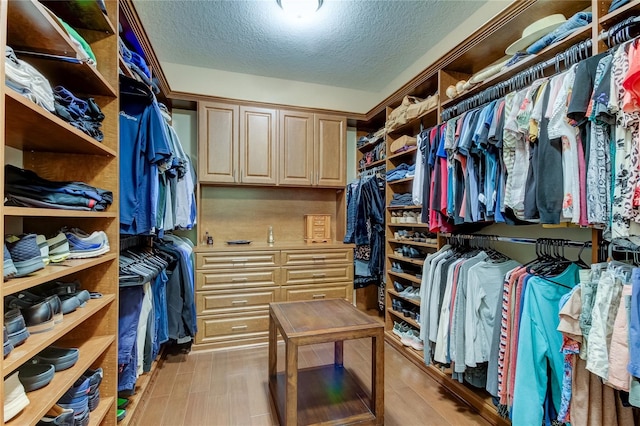 walk in closet with light wood-type flooring