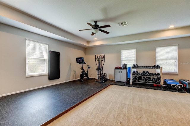 workout room with ceiling fan