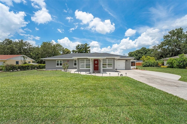 single story home with a front yard and a garage