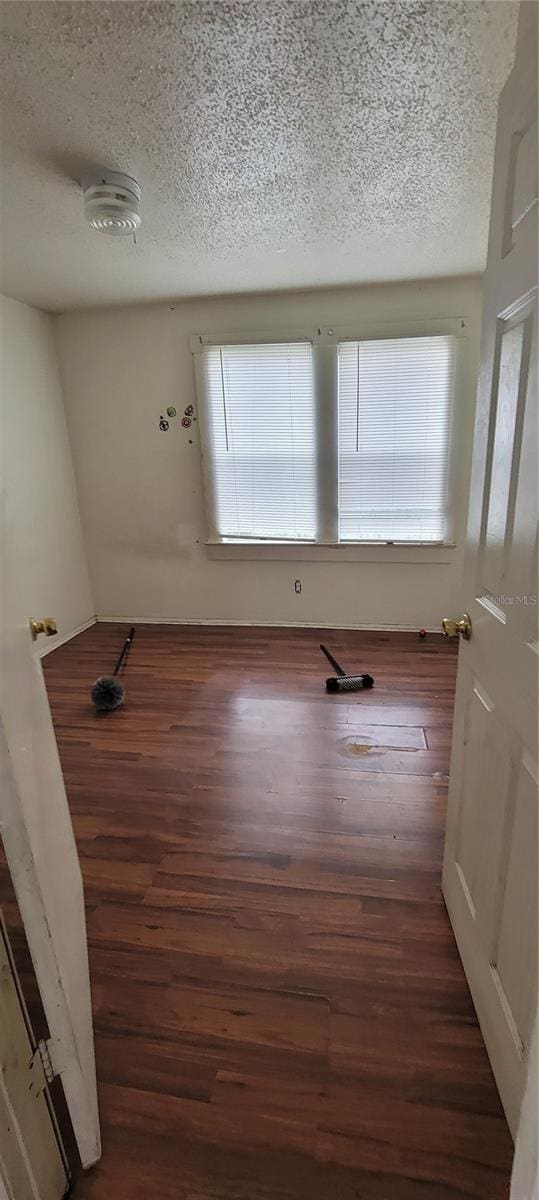 spare room featuring a healthy amount of sunlight, dark hardwood / wood-style floors, and a textured ceiling