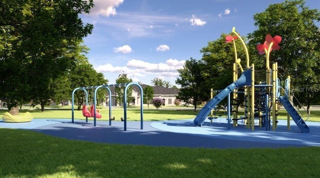 view of jungle gym featuring a lawn