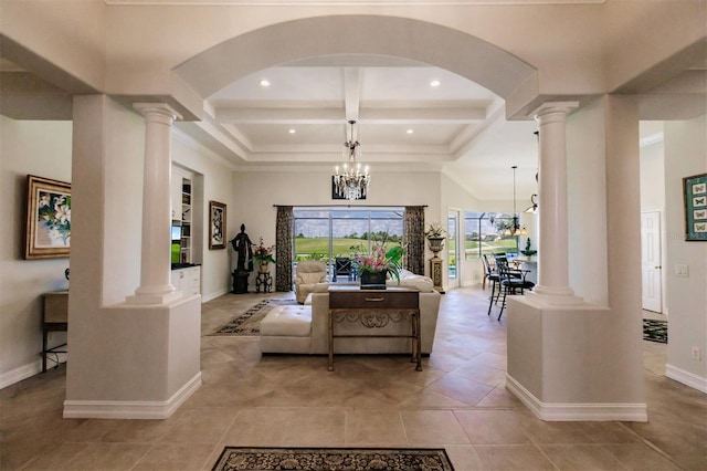 tiled living room featuring beam ceiling, a notable chandelier, decorative columns, and coffered ceiling