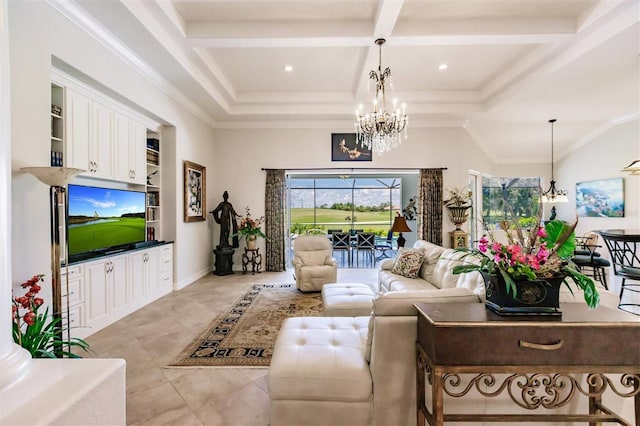 living room featuring coffered ceiling, light tile patterned flooring, beam ceiling, and an inviting chandelier