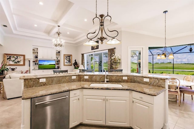 kitchen featuring dishwasher, sink, light tile patterned floors, and stone countertops