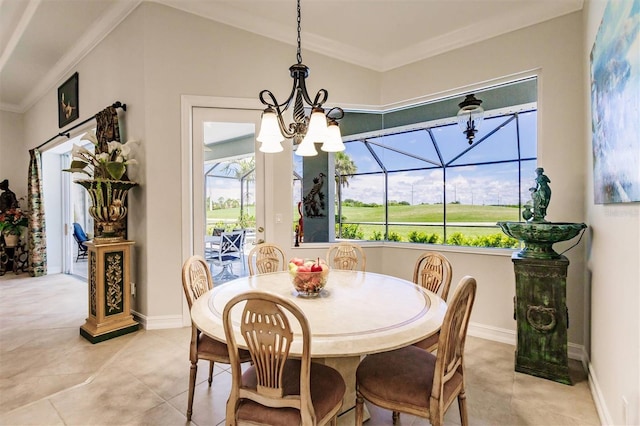 tiled dining space featuring crown molding and a chandelier