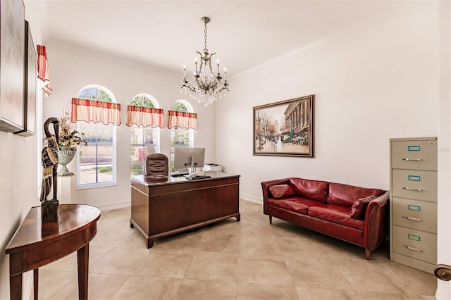 tiled home office with ornamental molding and a chandelier