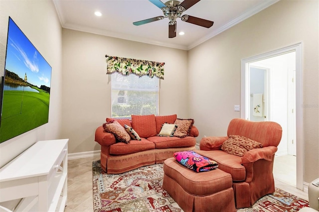 living room featuring ceiling fan, ornamental molding, and light tile patterned floors