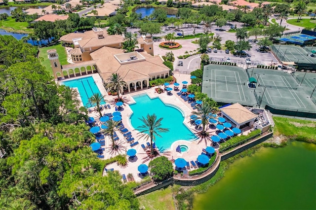 aerial view featuring a water view