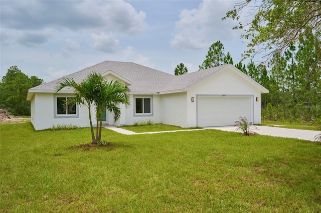 single story home featuring a garage and a front lawn