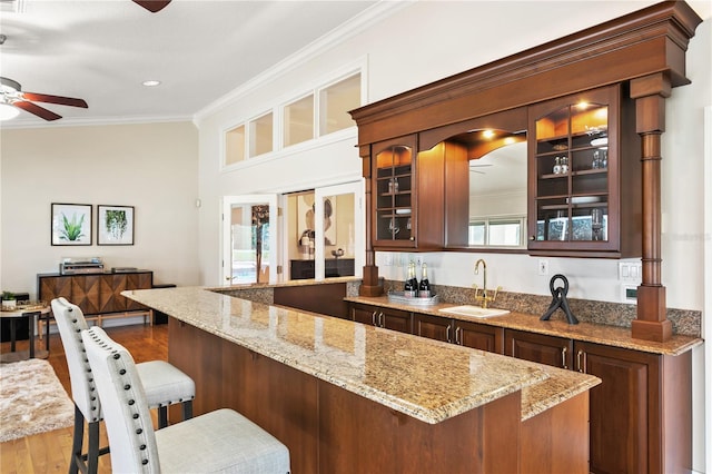 bar with hardwood / wood-style floors, crown molding, light stone countertops, and sink