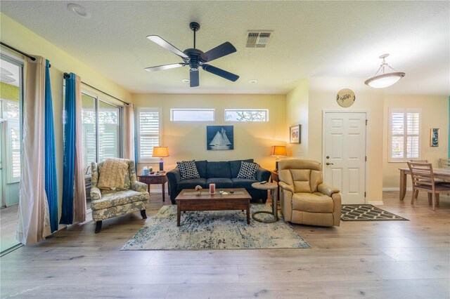 living room with plenty of natural light, light hardwood / wood-style floors, and a textured ceiling