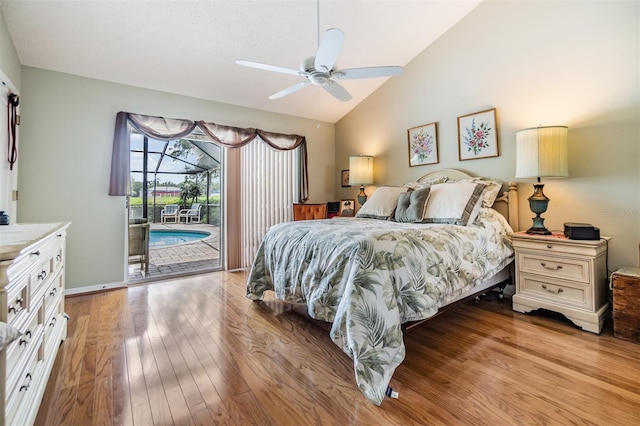 bedroom with vaulted ceiling, hardwood / wood-style floors, access to exterior, and ceiling fan