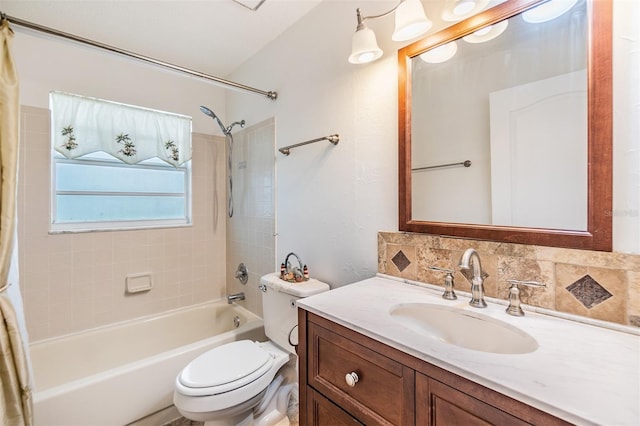 full bathroom with vanity, toilet, decorative backsplash, and shower / bathtub combination with curtain