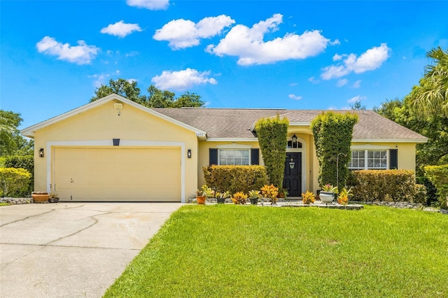 single story home with a garage and a front yard