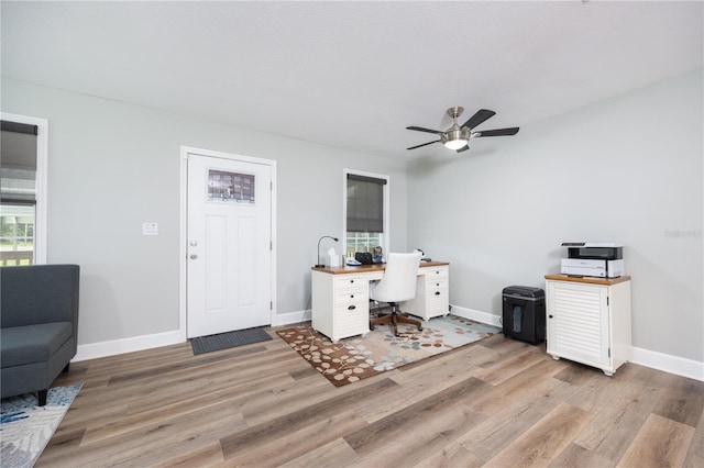 home office featuring ceiling fan and light hardwood / wood-style flooring