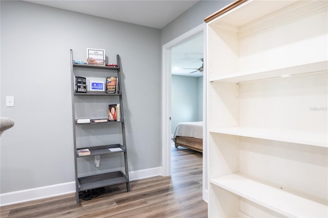 walk in closet featuring wood-type flooring and ceiling fan