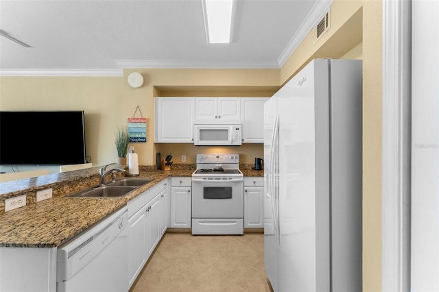 kitchen featuring kitchen peninsula, sink, white cabinets, and white appliances