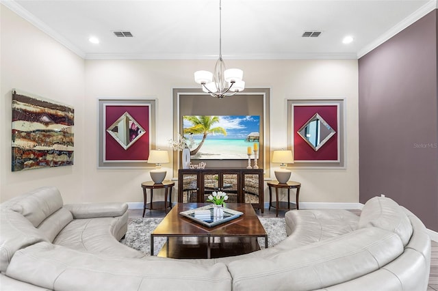 living room with hardwood / wood-style floors, ornamental molding, and a notable chandelier