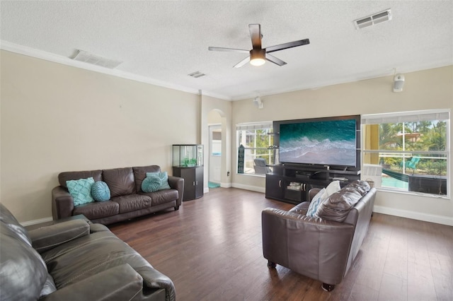 living room featuring dark hardwood / wood-style flooring, plenty of natural light, a textured ceiling, and ornamental molding