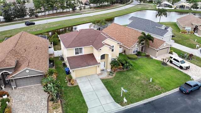 aerial view featuring a water view