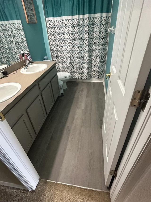 bathroom featuring wood-type flooring, toilet, and vanity