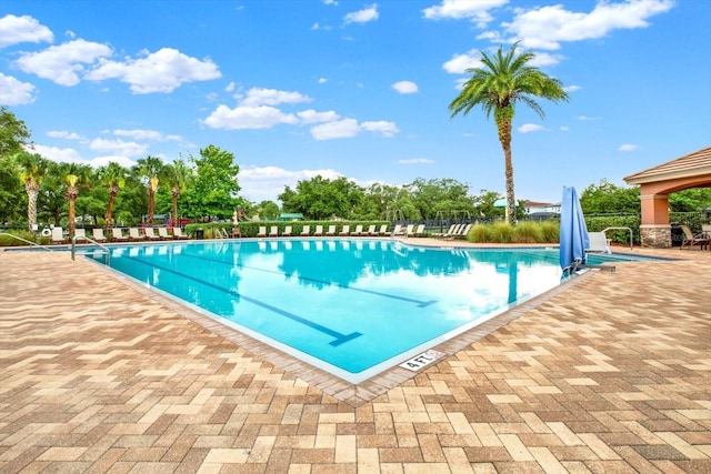 view of swimming pool featuring a patio