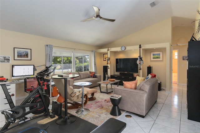 tiled living room with ceiling fan and vaulted ceiling