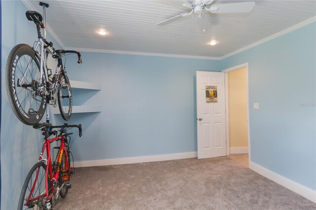 carpeted spare room featuring ceiling fan and ornamental molding